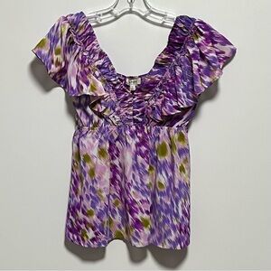 Umgee Feminine purple watercolor ruffled sleeves v-neck fun flowy Bohemian top